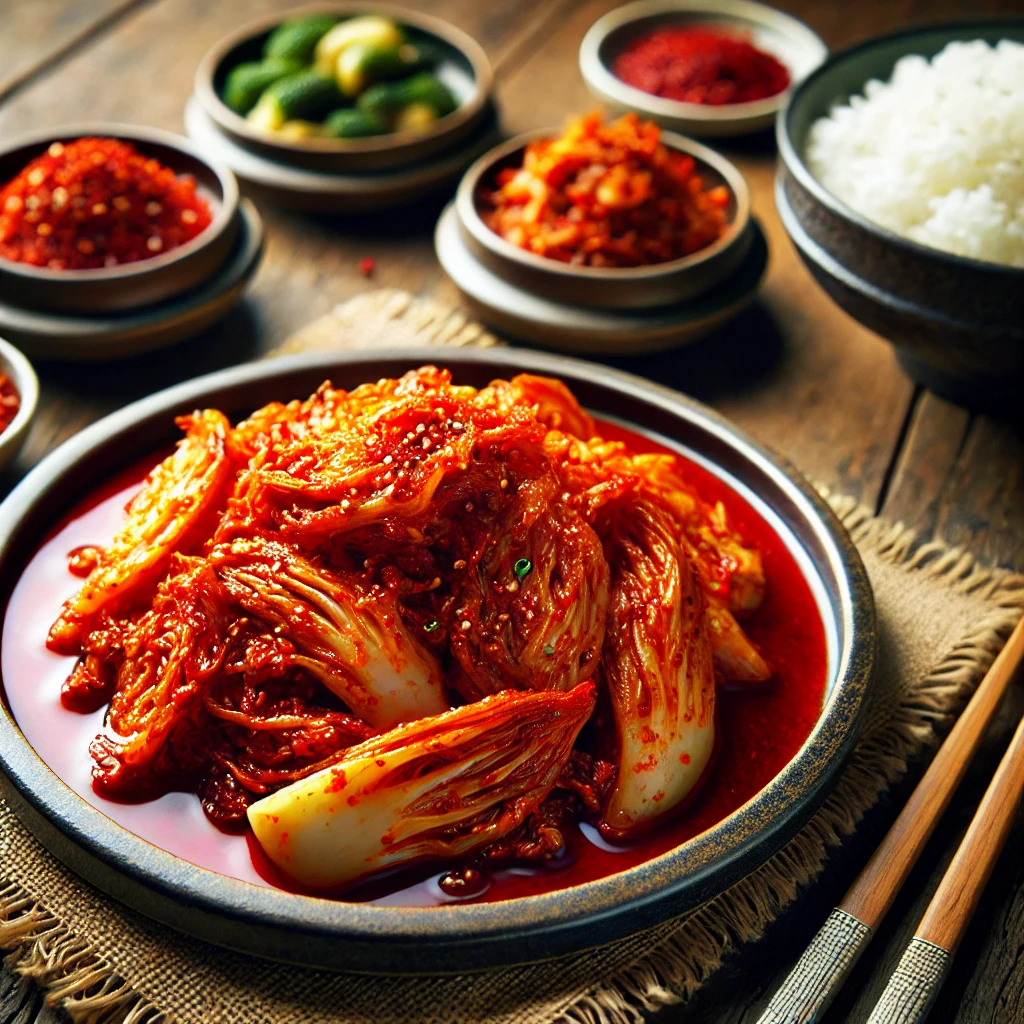 완벽히 숙성된 김치와 밥, 반찬이 담긴 전통 한국식 상차림