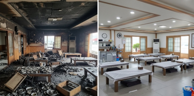음식점 화재 청소 전후