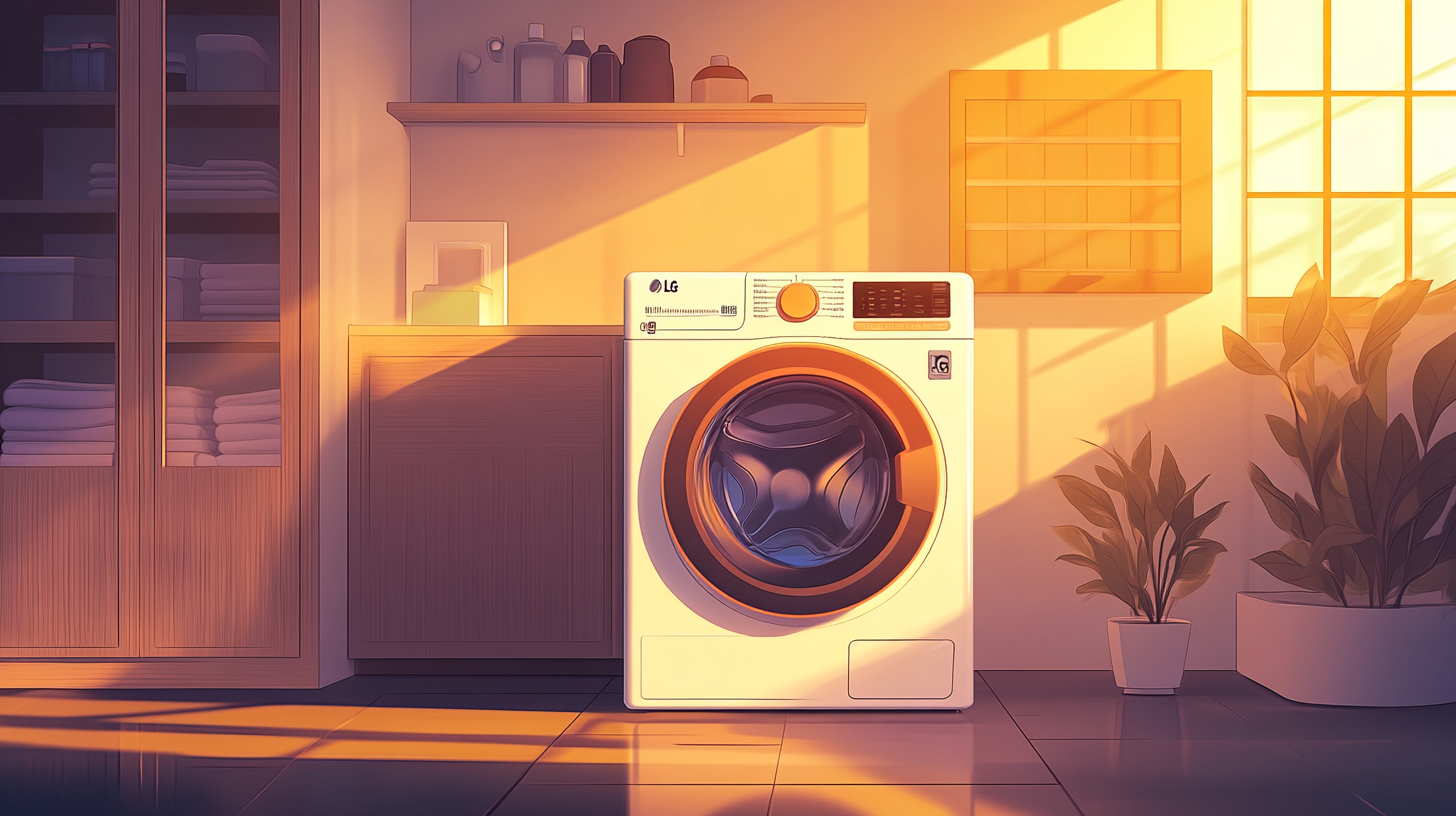 현대적인 세탁실에서 조용히 작동 중인 LG 세탁기의 모습을 담은 장면. 세련된 디자인과 아늑한 분위기가 강조됨.