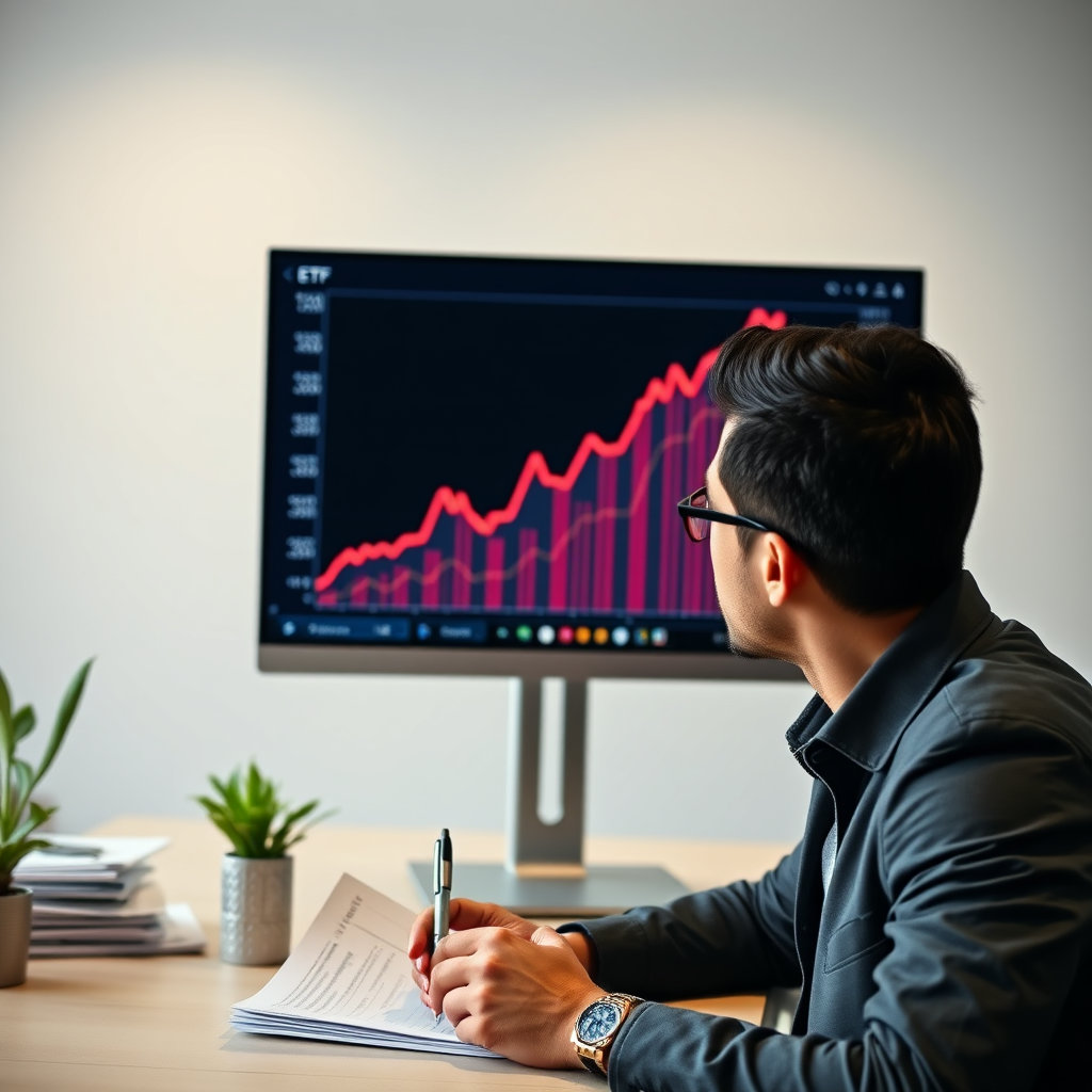 컴퓨터 모니터 안에 ETF 그래프를 분석하는 사람
