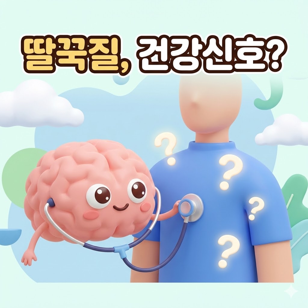 의사처럼 청진기를 든 귀여운 뇌 캐릭터가 딸꾹질 하는 몸통 모형의 건강 신호를 듣고 있는 3D 카툰 일러스트. '딸꾹질, 건강신호?'라는 문구가 적혀있어 딸꾹질이 보내는 건강 신호에 대한 궁금증을 나타낸다.