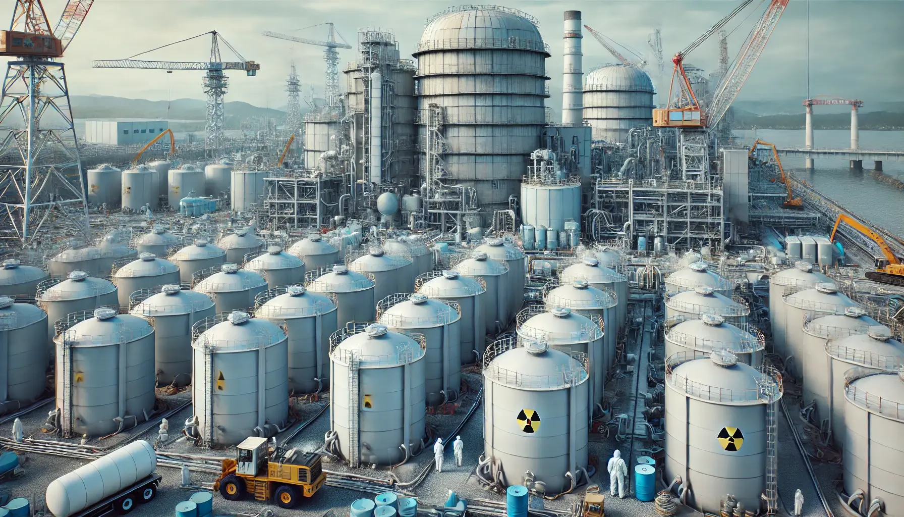 후쿠시마 제1원전의 초현실적인 이미지는 오염수로 가득 찬 탱크와 보호복을 입은 작업자들이 상황을 감시하는 모습입니다.