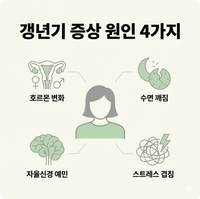 갱년기 증상 원인 4가지를 호르몬 변화, 수면 깨짐, 자율신경 예민, 스트레스로 정리한 인포그래픽