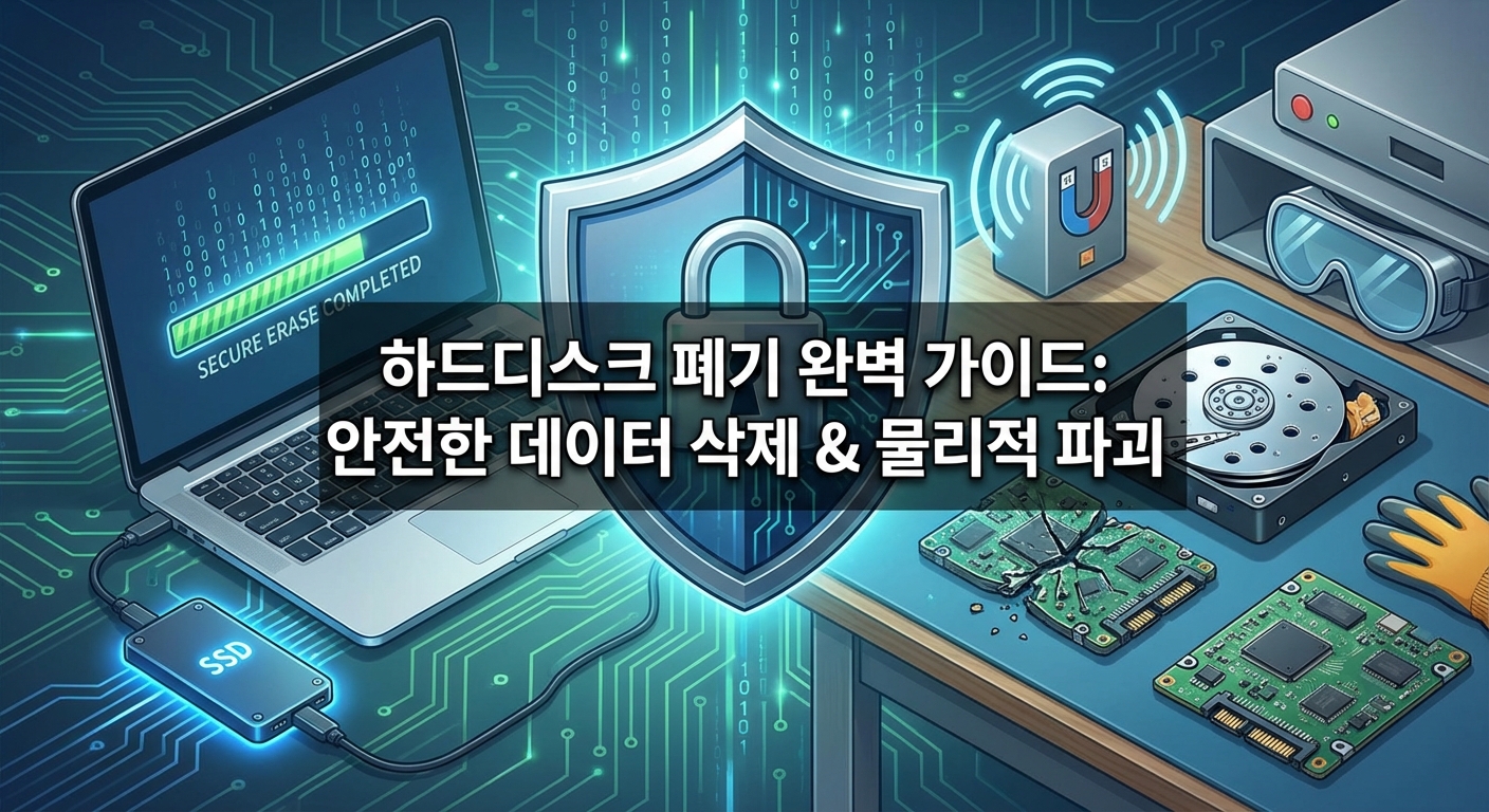 노트북 화면에 'SECURE ERASE COMPLETED' 문구가 표시된 소프트웨어 삭제 과정과 드릴로 파괴된 HDD, 부서진 SSD 기판, 디가우저 장비가 있는 물리적 파괴 작업대 모습. 중앙에는 보안을 상징하는 방패 아이콘과 '하드디스크 폐기 완벽 가이드: 안전한 데이터 삭제 & 물리적 파괴'라는 텍스트가 있다.