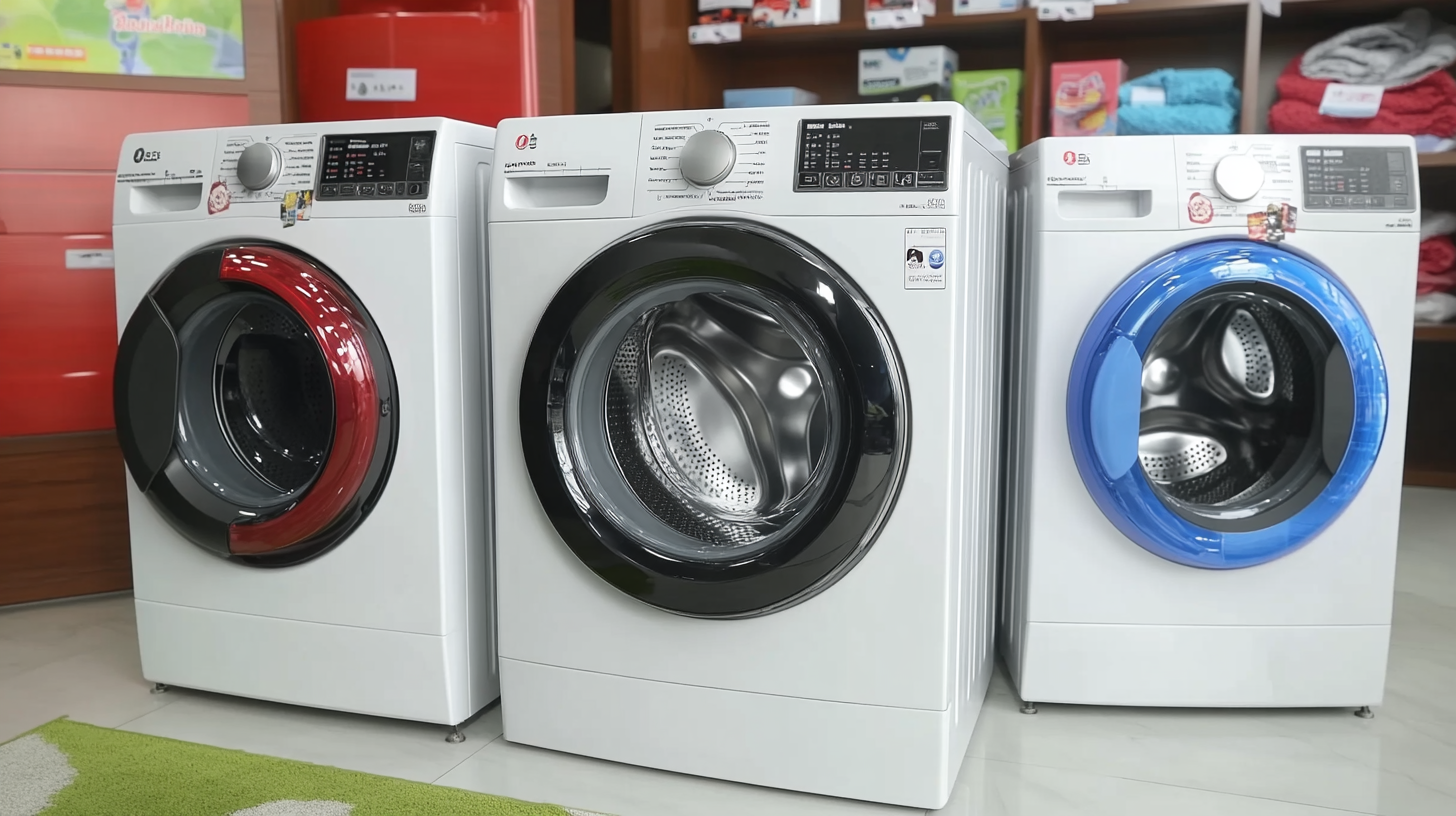 B브랜드의 다양한 모델 세탁기, 기본 모델과 고급 모델이 나란히 진열된 전시장 모습