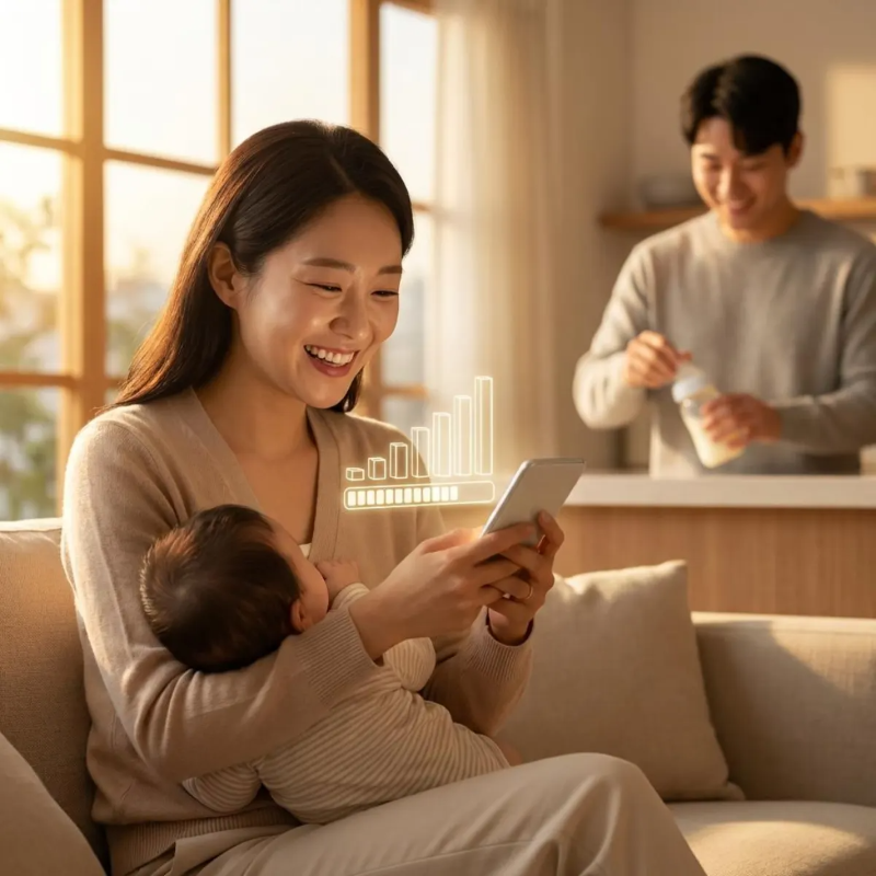 2026년 육아휴직 사후지급금 폐지 소식을 접하고 경제적 자유와 안도감을 느끼며 환하게 웃는 한국인 어머니의 모습