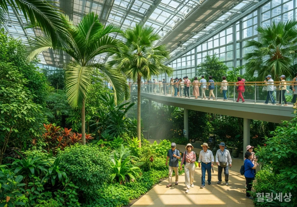서울식물원 온실 내부의 푸른 열대 식물과 스카이워크를 걷는 관람객들
