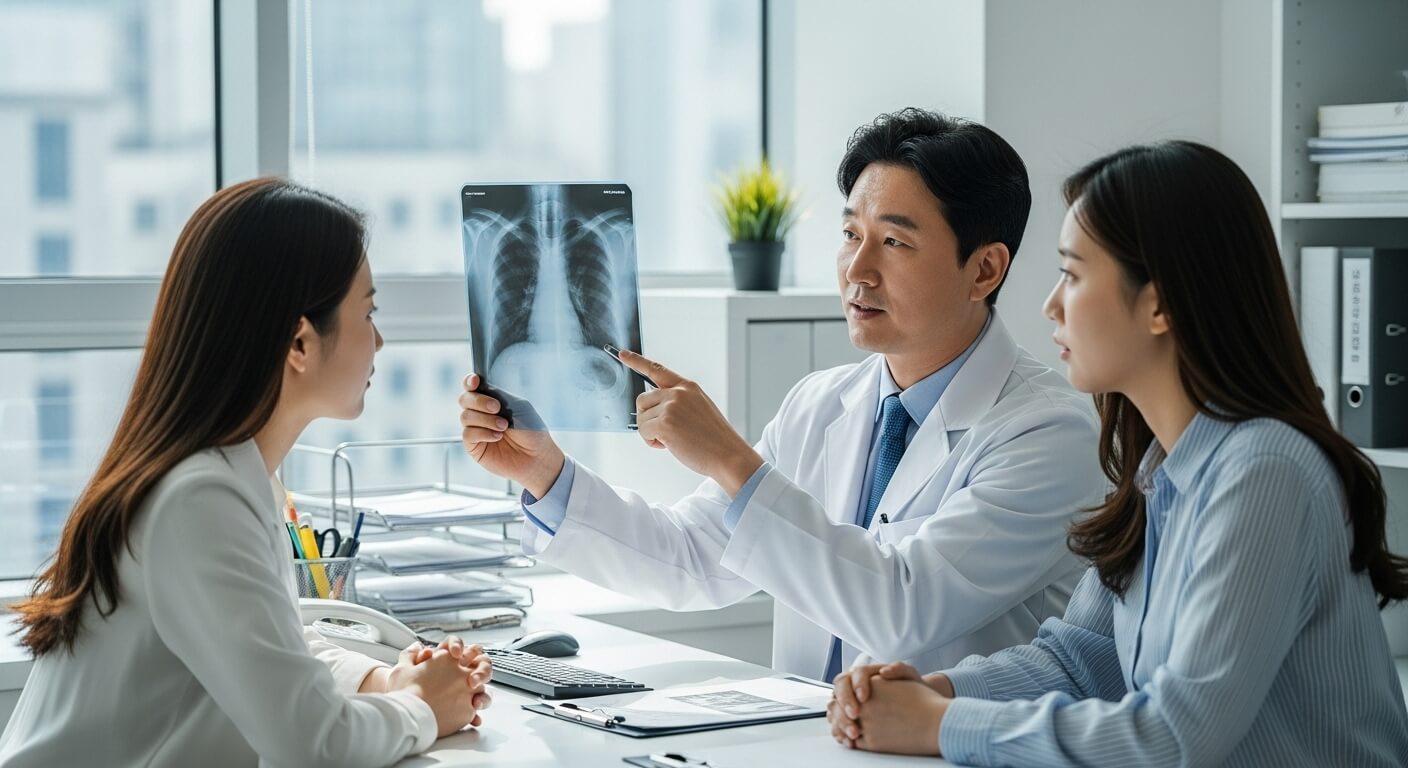 의사가 환자에게 흉부 엑스레이 영상을 보여주며 검진 결과를 설명하는 장면