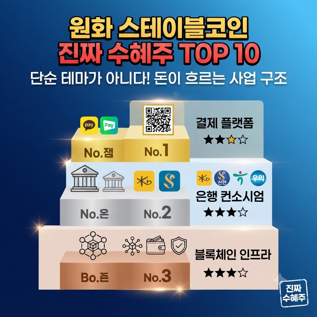 원화 스테이블코인 진짜 수혜주 TOP 10 포스팅을 위한 썸네일로, 결제 플랫폼, 은행 컨소시엄, 블록체인 인프라의 3단계 사업 구조를 도식화한 이미지