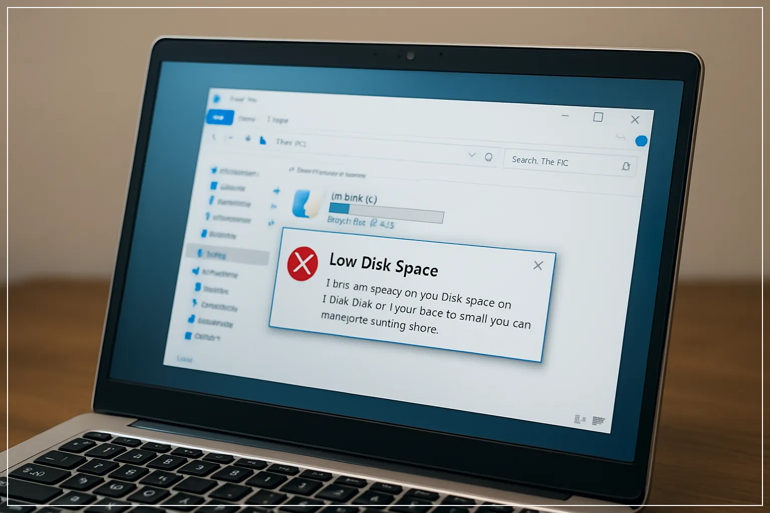 파일 탐색기와 함께 표시된 C 드라이브 용량 부족 경고창이 나타난 노트북 화면