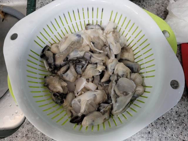 굴미역국을 위한 굴을 씻어서 채반에 받춰 놓은 모습