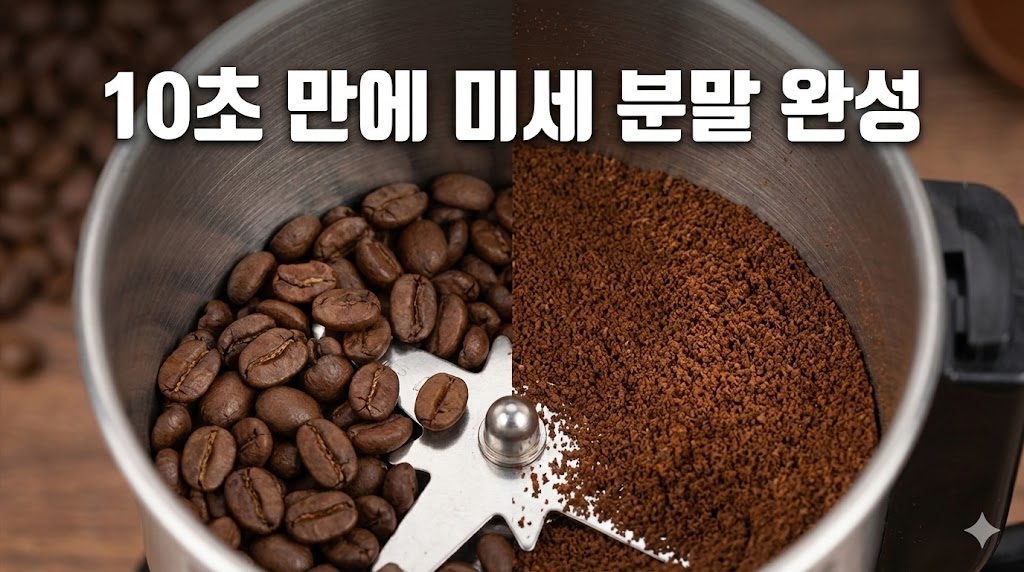 커피 원두가 10초 만에 미세한 가루로 변하는 과정을 반반 클로즈업으로 표현하여 제품의 강력한 성능을 직관적으로 보여줍니다.