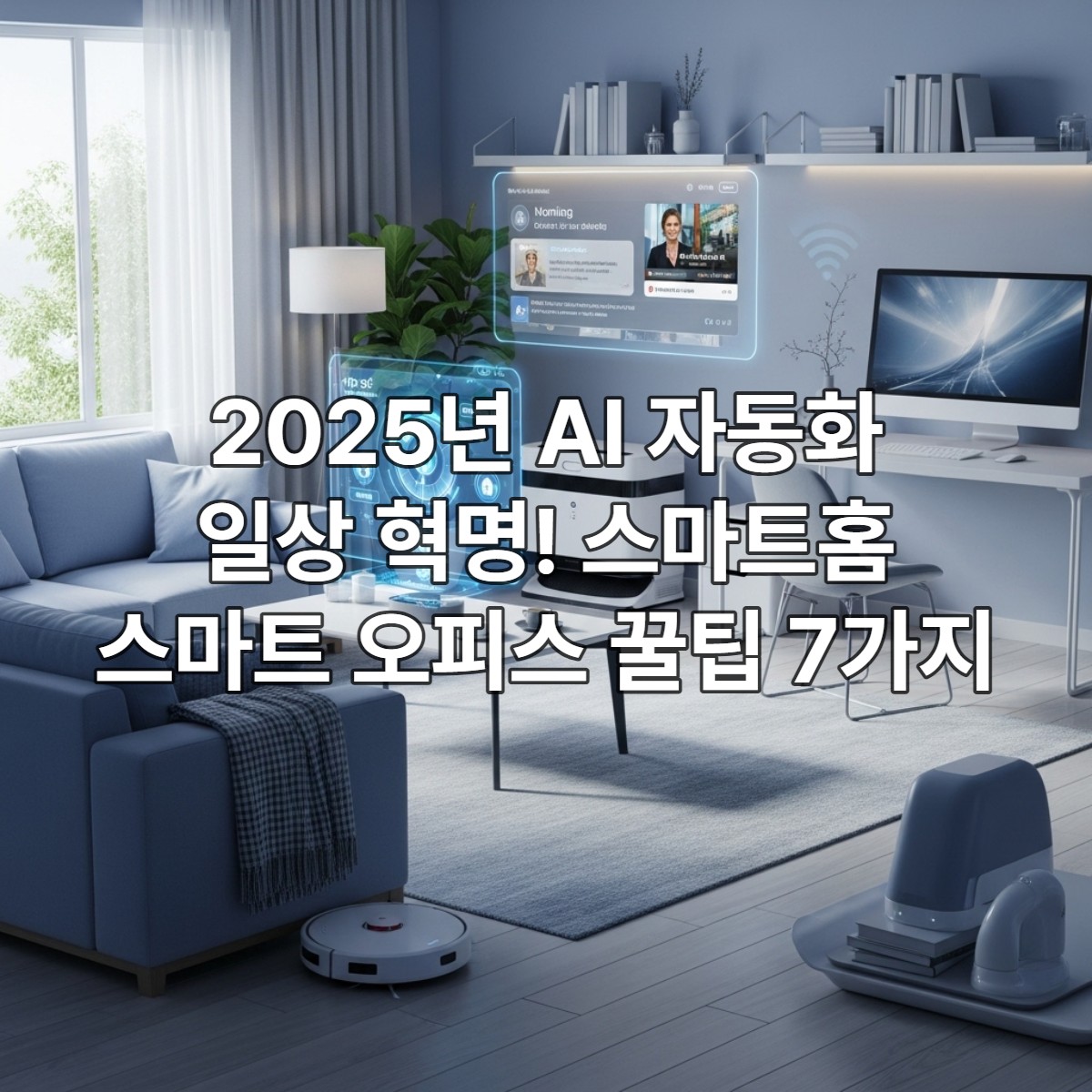 2025년 미래형 스마트홈 거실의 모습. AI가 통합된 홀로그램 인터페이스와 로봇 청소기, 스마트 디스플레이가 어우러져 효율적이고 편리한 생활을 보여준다.