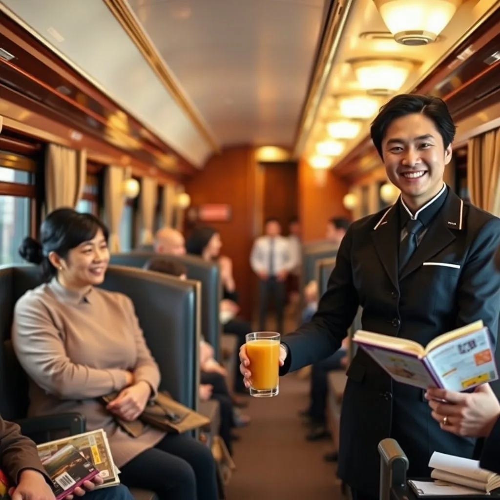 미소 짓는 승무원이 차를 서빙하거나, 여행 정보를 안내하는 등 따뜻하고 전문적인 서비스를 강조하여 해랑열차의 높은 서비스 품질을 보여줍니다. 신뢰감이 느껴지는 이미지가 좋습니다.