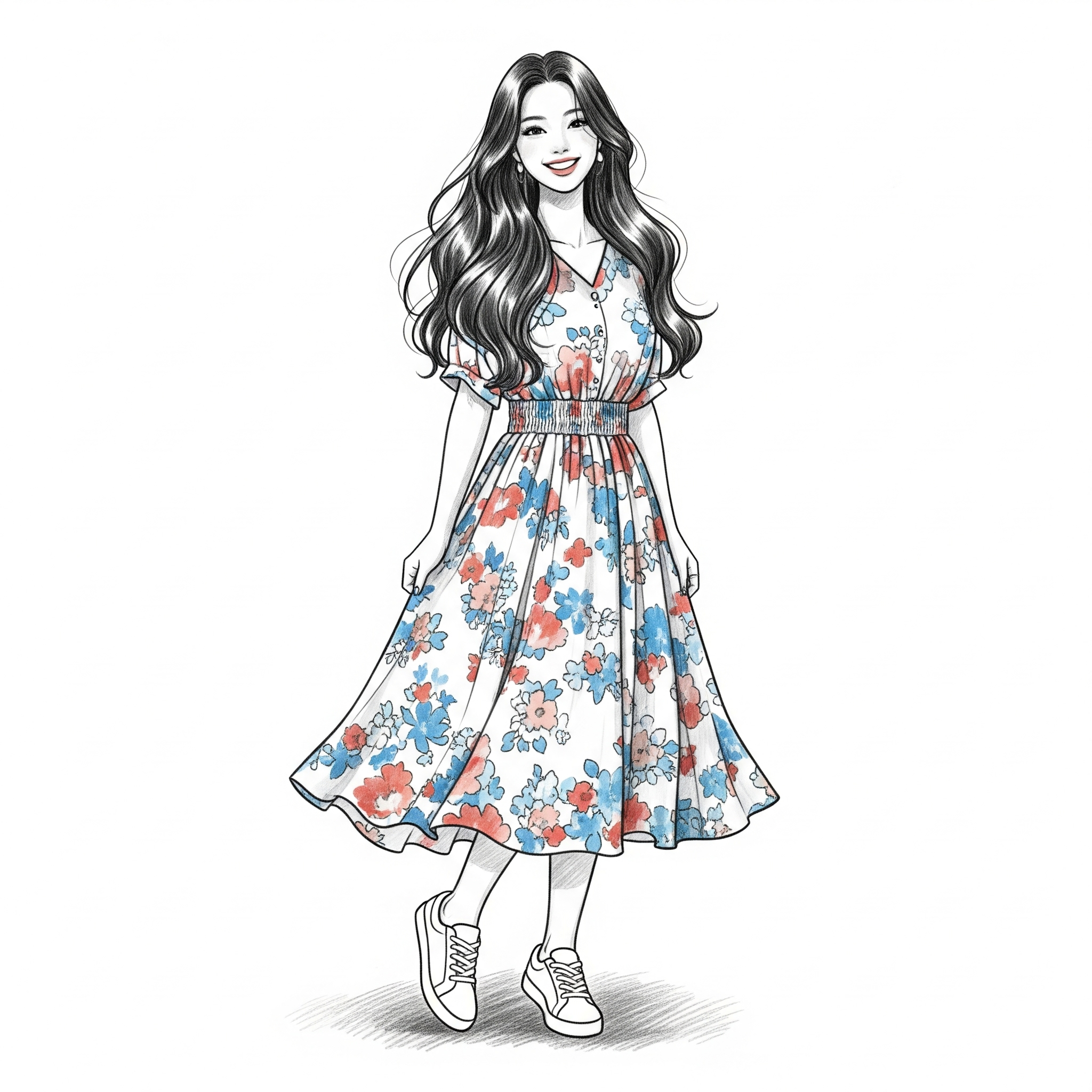 원피스 입고 웃고 있는 긴머리 여성