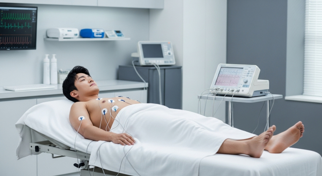 병원에서 심전도 검사 받는 남성