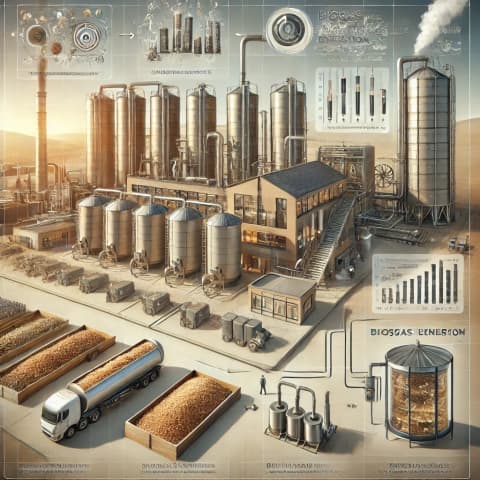 A biomass power plant with large silos or storage facilities for organic waste (wood chips, agricultural residues)
A close-up of a biogas digester converting organic waste into methane
Engineers conducting a pilot-scale biomass gasification test in a lab environment
A process flow diagram showing feedstock input (crop residue, wood, etc.), conversion technology, and resulting electricity or biofuel