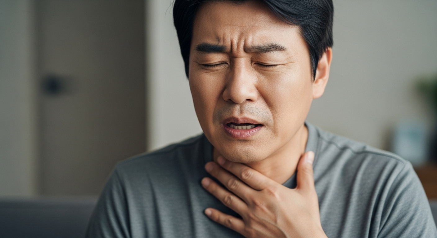말을 하며 쉰 목소리로 불편해하는 중년 남성
