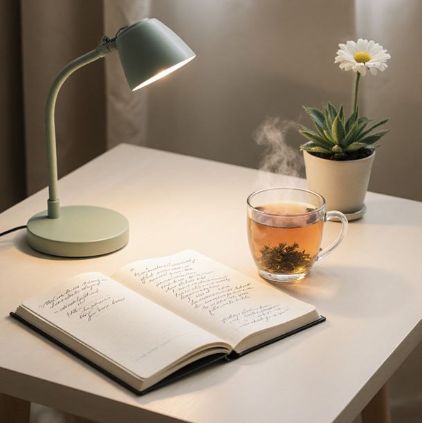 책상 위에 일기장과 따뜻한 차 한잔이 있는 책상 위 모습