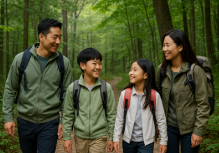 광릉 숲에서 산행 하며 즐거워하는 가족 모습