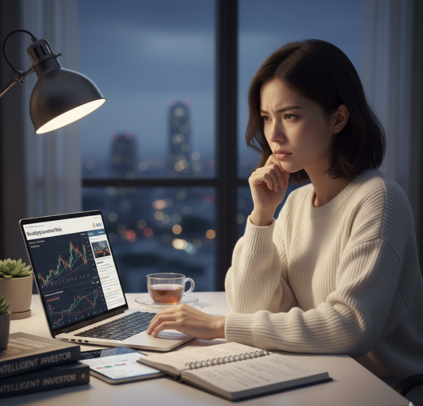 주식차트를 보며 고민하는 여성이미지