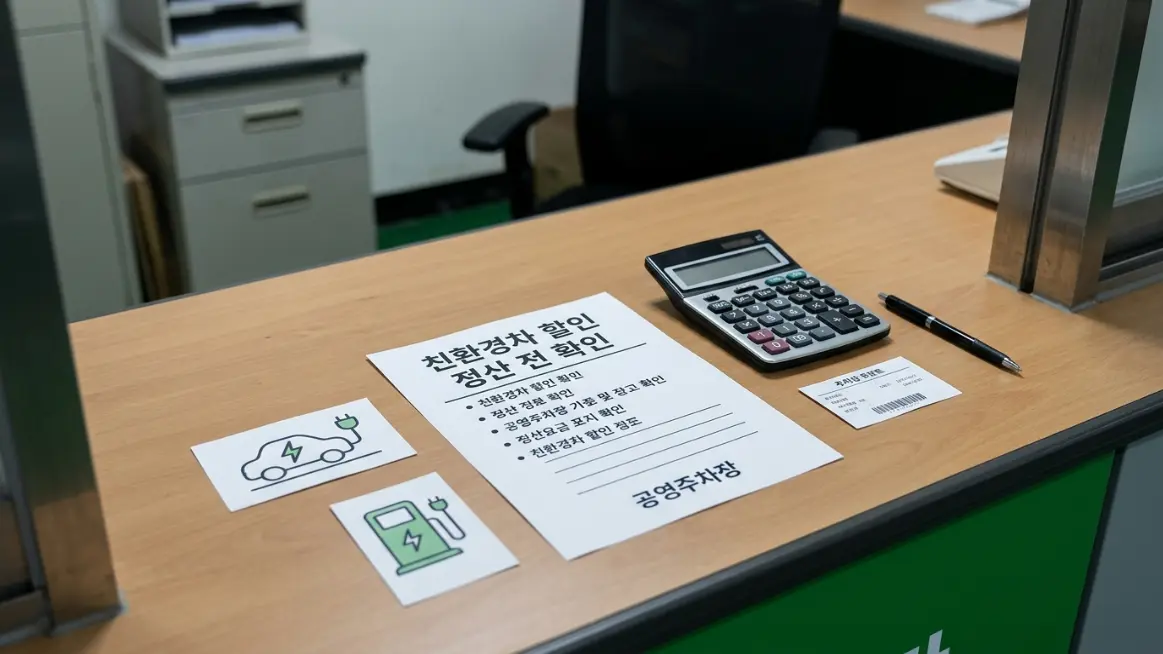 공영주차장 친환경차 할인 정산 전 차량번호와 감면 기준을 확인하는 이미지