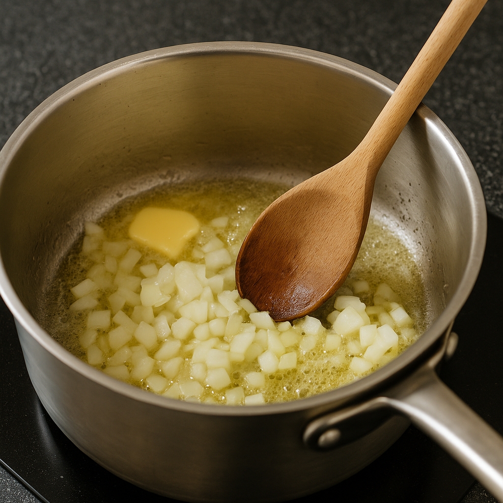 냄비에 버터를 녹이고 다진 양파를 볶아 향을 내줍니다.