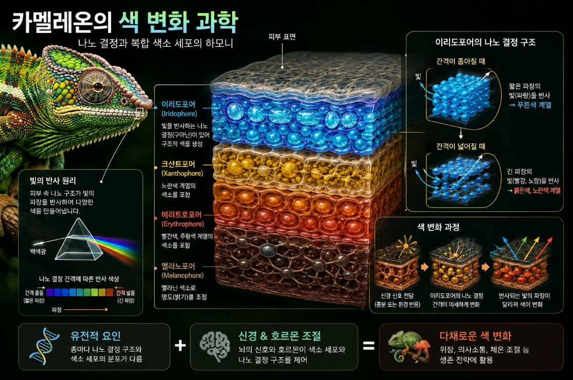 카멜레온 피부 단면에서 나노 결정과 색소 세포층 구조를 설명하는 과학 일러스트