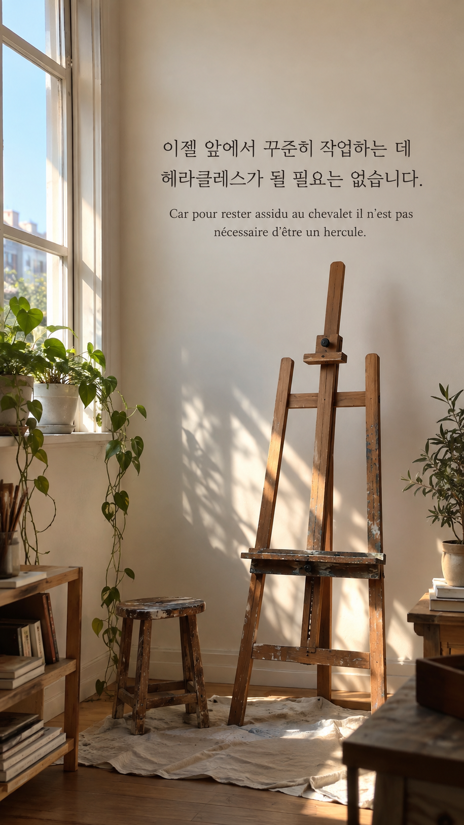 꾸준함과 힘: 이젤 앞에서 꾸준히 작업하는 데 헤라클레스가 될 필요는 없습니다. 빈 이젤과 아침 창빛, 휴대폰 사진