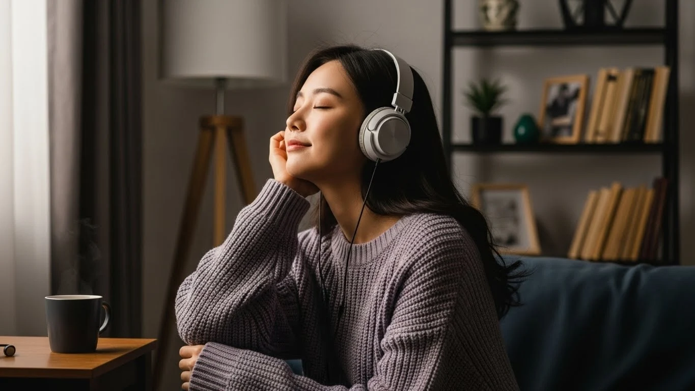 헤드폰을 끼고 음악을 들으며 혼자만의 시간을 보내는 장면