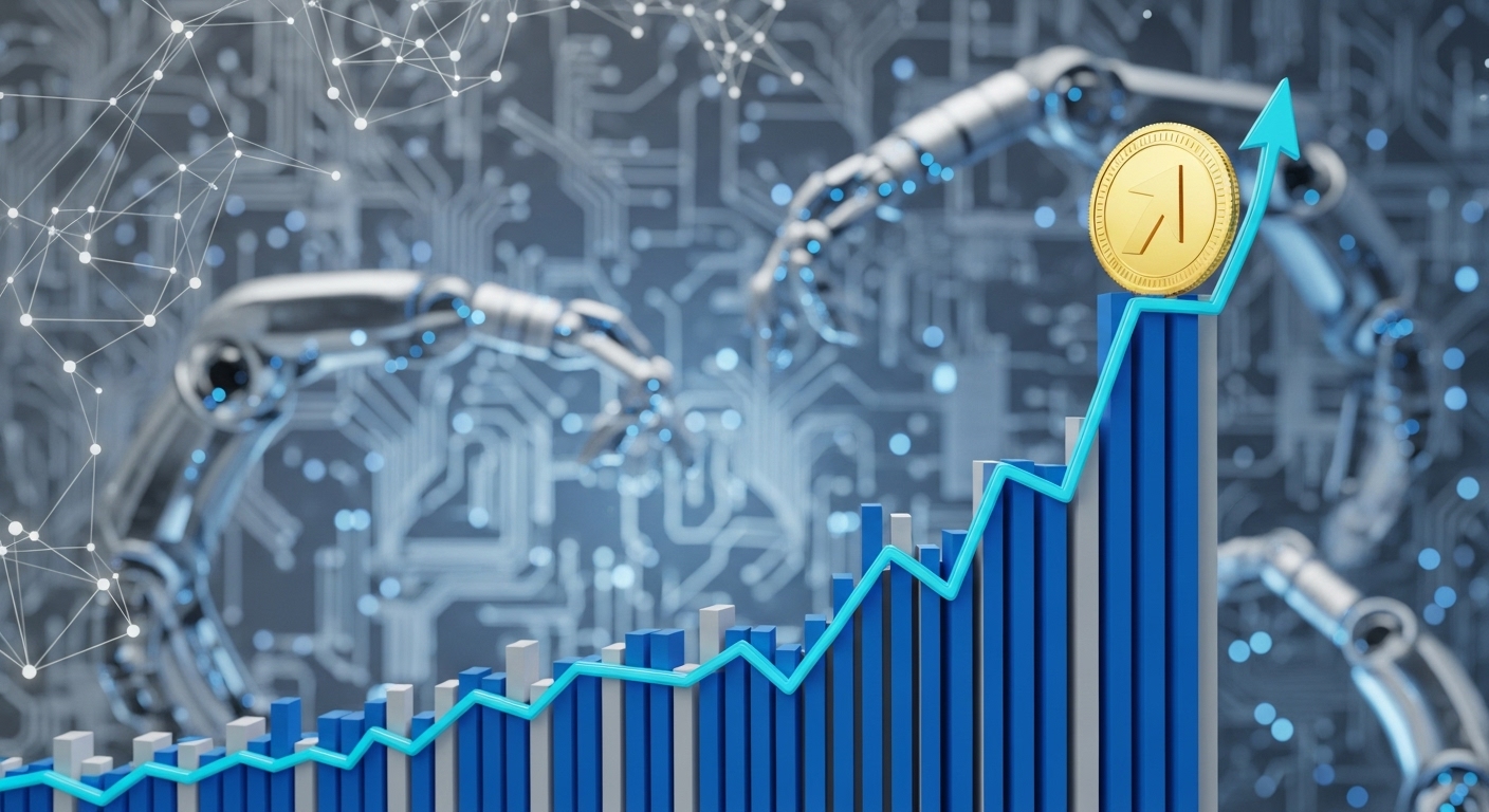 "A dynamic 3D rendering of an abstract stock chart line sharply increasing, with a blue and gray color theme. The background subtly features interconnected digital circuits and robotic arms, symbolizing AI and technology growth. A shining gold coin rests at the peak of the chart. Professional, sleek, and high-tech."