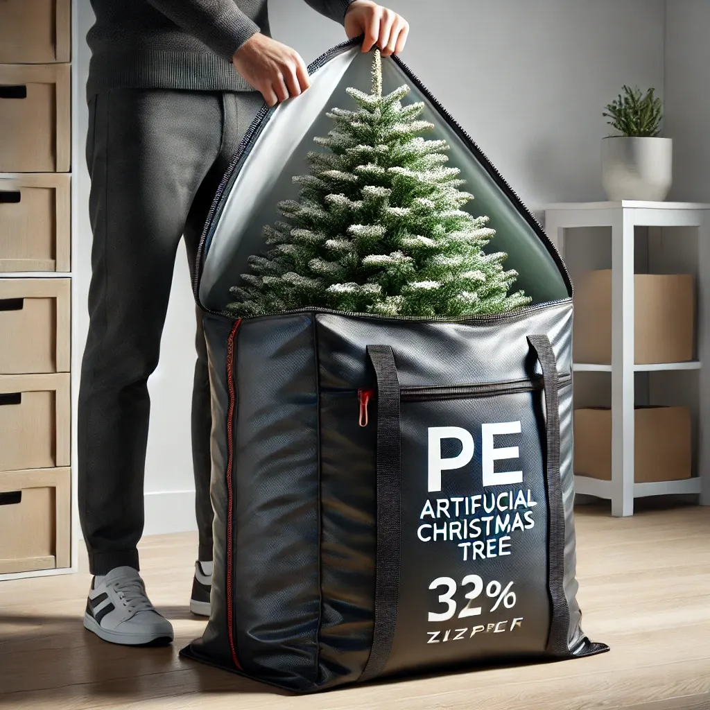 전용 보관 가방에 PE 인조 크리스마스 트리를 보관하는 장면