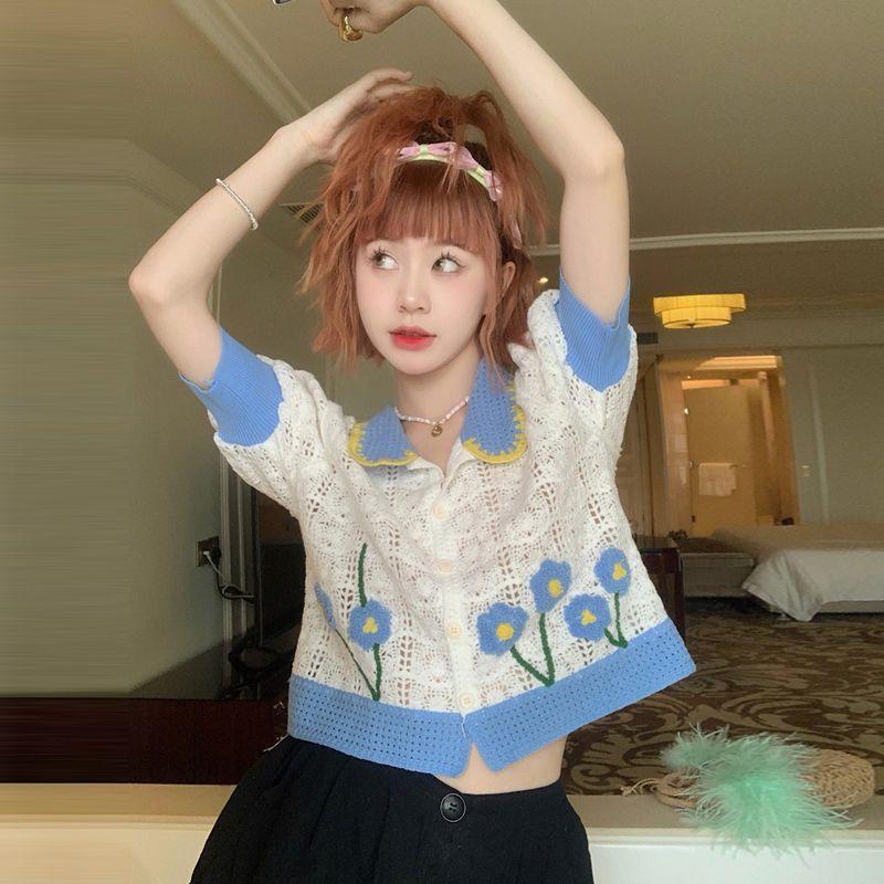 귀여운 복고풍 뜨개 꽃 자수 니트 숏 가디건 SH