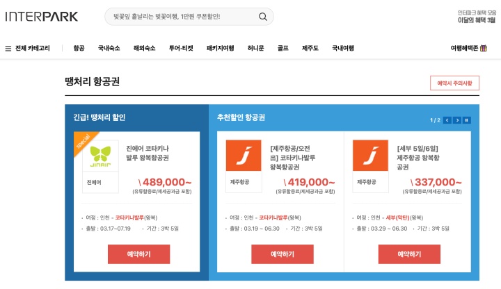 인터파크 땡처리 항공권