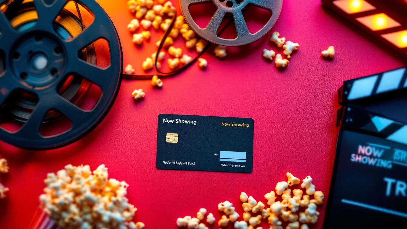 A movie ticket, popcorn, and a public support card showing how to watch movies with government support in South Korea in 2025.