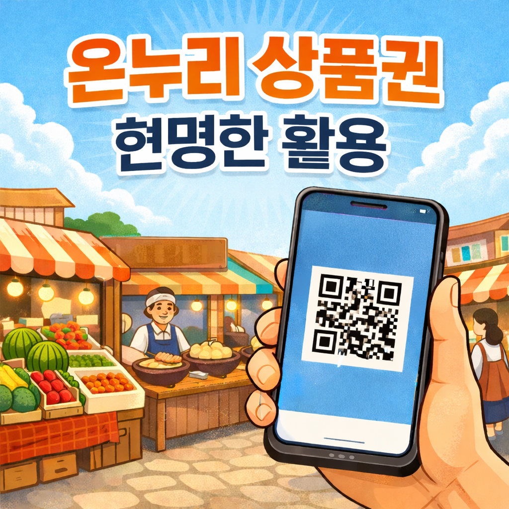 전통시장을 배경으로 스마트폰 QR 결제 화면과 &lsquo;온누리 상품권 현명한 활용&rsquo; 문구가 담긴 일러스트 이미지