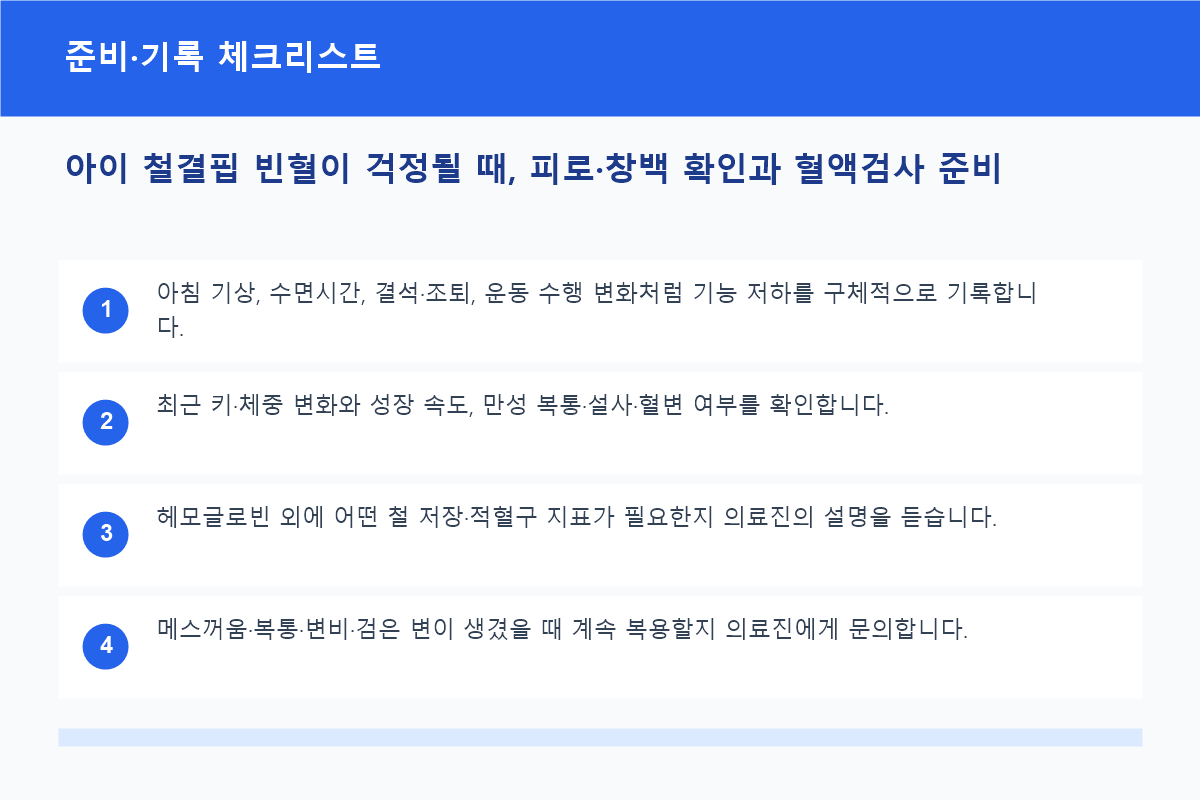 아이 철결핍 빈혈이 걱정될 때, 피로·창백 확인과 혈액검사 준비 준비·기록 체크리스트 정보 이미지