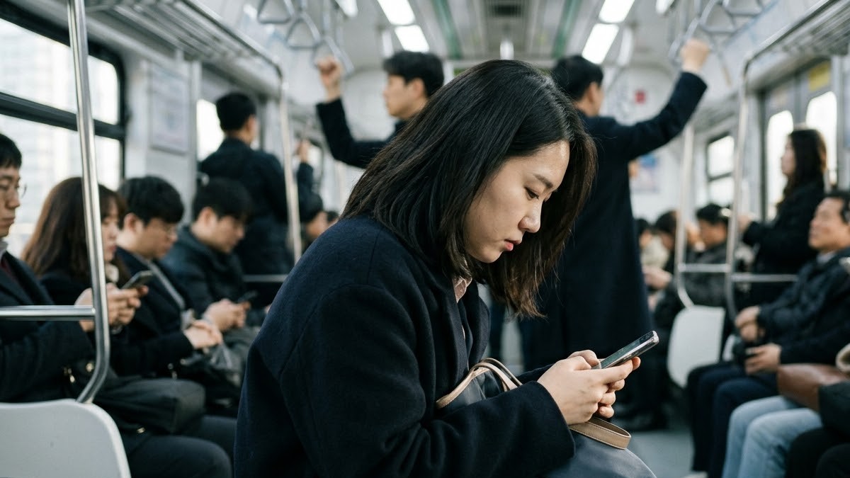 출근길 지하철에서 고개를 숙이고 스마트폰을 보는 직장인