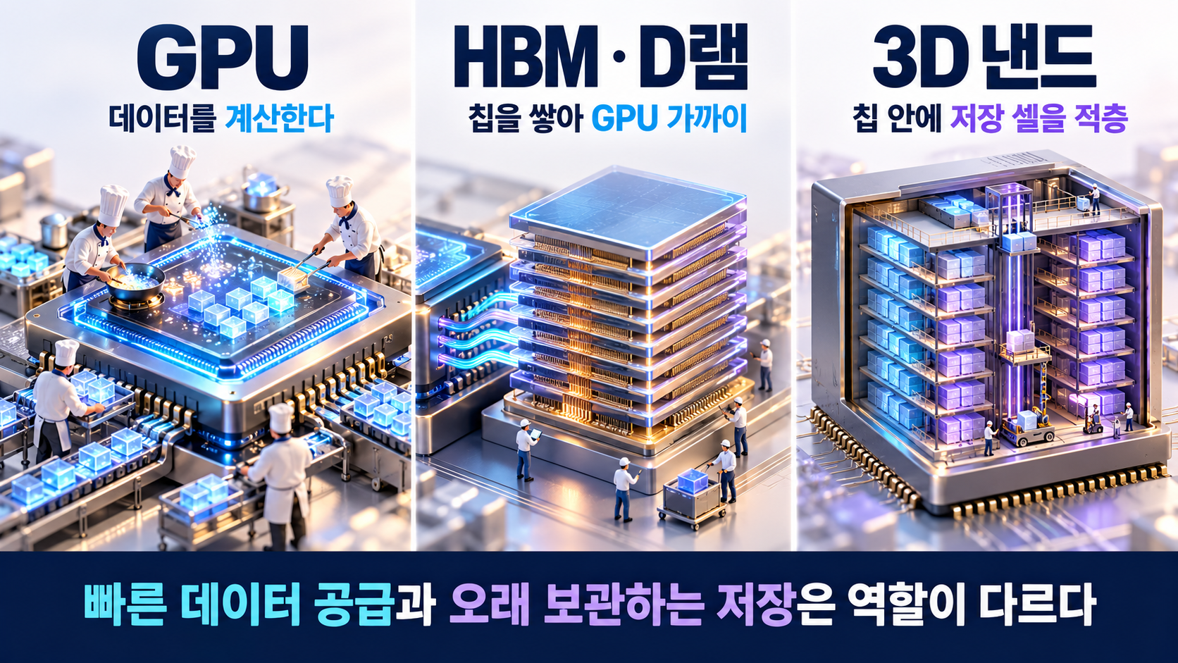 GPU의 계산, HBM의 칩 적층, 3D 낸드의 저장 셀 적층을 대비한 이미지.