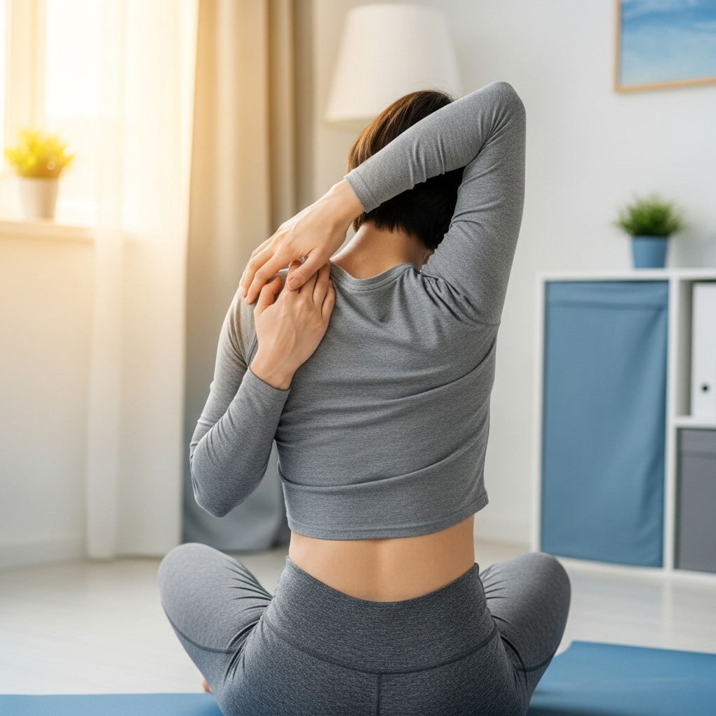 허리 통증 완화를 위해 편안한 자세로 부드럽게 스트레칭하는 사람의 모습.