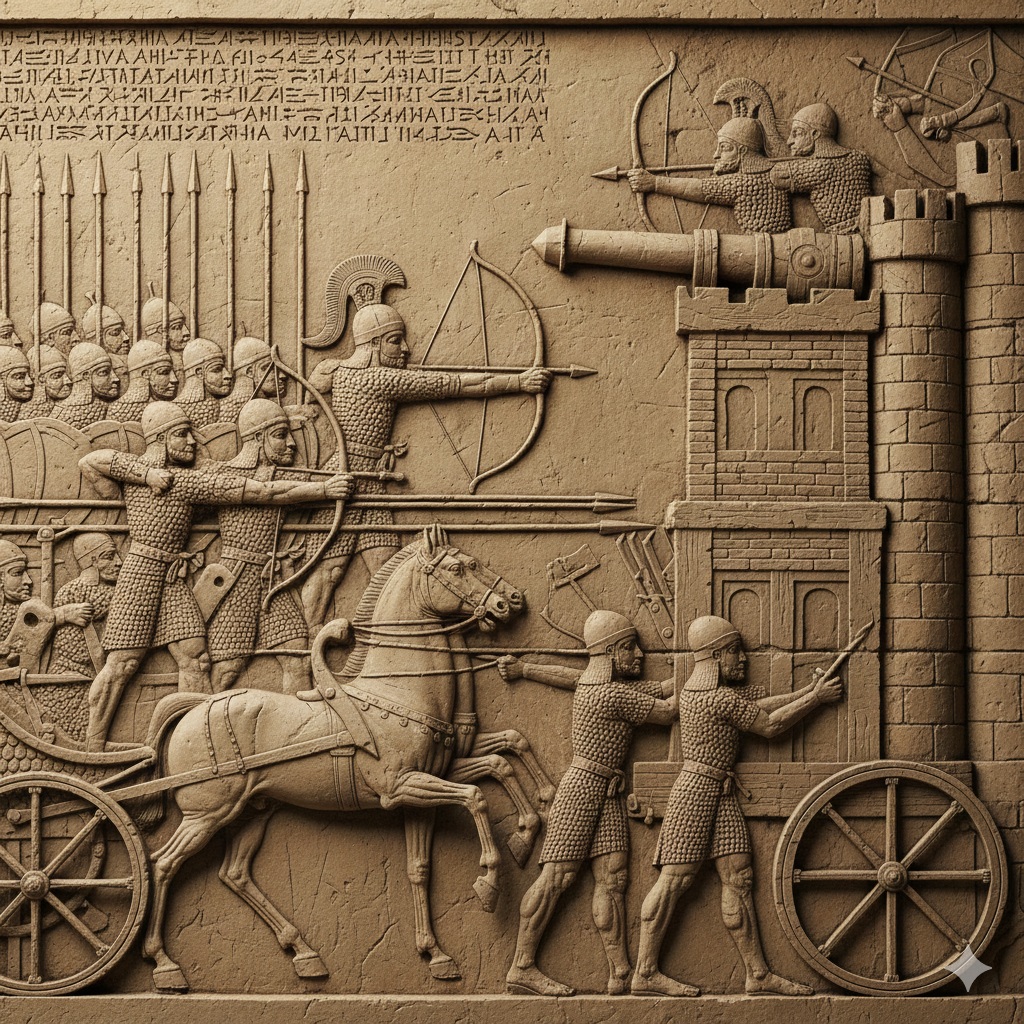A historical illustration in the style of ancient Assyrian stone relief, depicting warriors in iron armor charging on a chariot with a massive battering ram destroying city walls in the background
