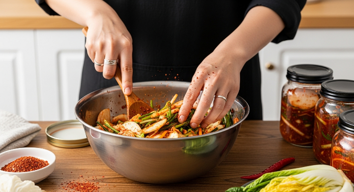 신선한 채소를 통해 건강한 음식을 만드는 이미지로서, 큰 그릇에 신선하고 다양한 채소를 버무르고 있는 모습입니다.