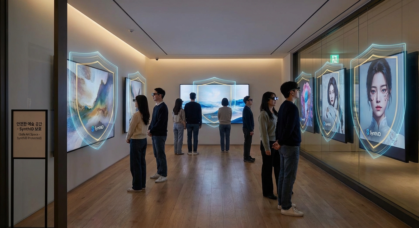 SynthID 기술을 통해 AI 생성 이미지의 신뢰성과 투명성이 확보된 안전한 디지털 콘텐츠 생태계를 표현한 이미지