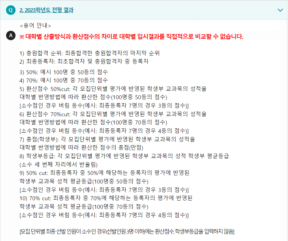 2023학년도 건국대학교 학생부교과전형 전형결과 용어안내