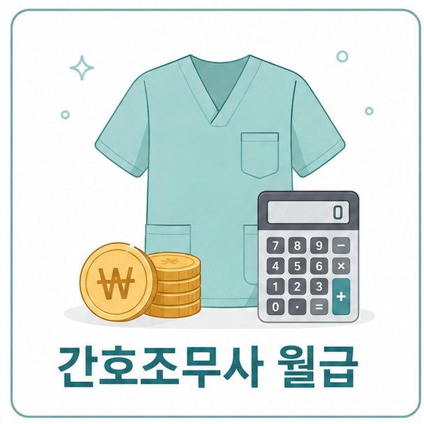간호조무사 월급 대표 이미지, 간호 유니폼 실루엣과 동전, 계산기 아이콘
