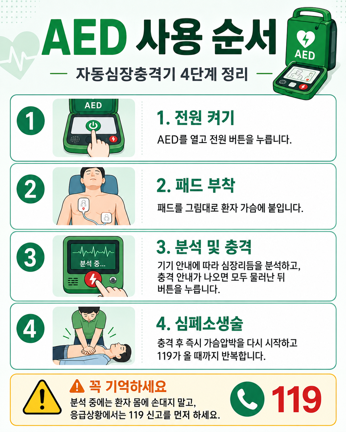 자동심장충격기 AED 사용 순서를 전원 켜기, 패드 부착, 분석 및 충격, 심폐소생술 4단계로 정리한 안내 이미지