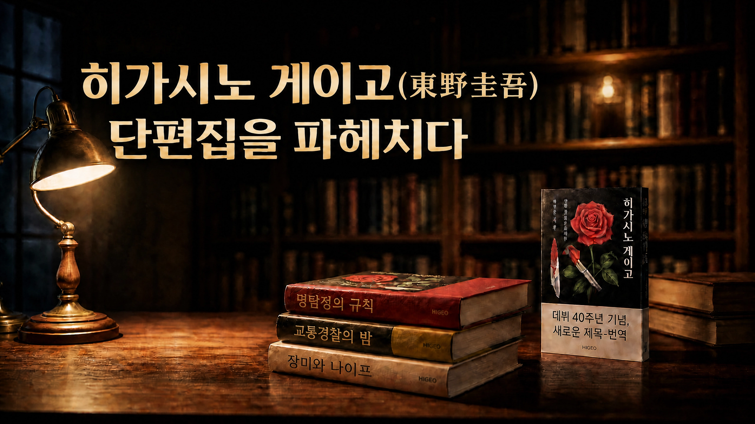 고풍스러운 서재 책상 위에 켜진 스탠드 조명과 히가시노 게이고(東野圭吾)의 단편집 『명탐정의 규칙』, 『교통경찰의 밤』, 『장미와 나이프』가 놓여 있는 썸네일 이미지. 상단에는 '히가시노 게이고(東野圭吾) 단편집을 파헤치다'라는 제목이 적혀 있습니다.