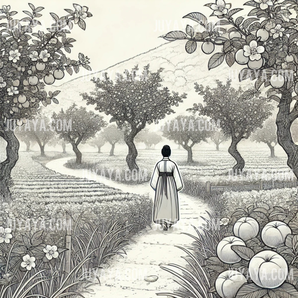 과수원 길을 걷는 전통 한복 차림의 사람과 양쪽에 늘어선 자두와 능금 나무.