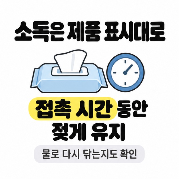 물티슈 포장과 시계 그림 아래 접촉 시간 동안 젖게 유지하고 물로 다시 닦는지도 확인하라고 안내한 카드