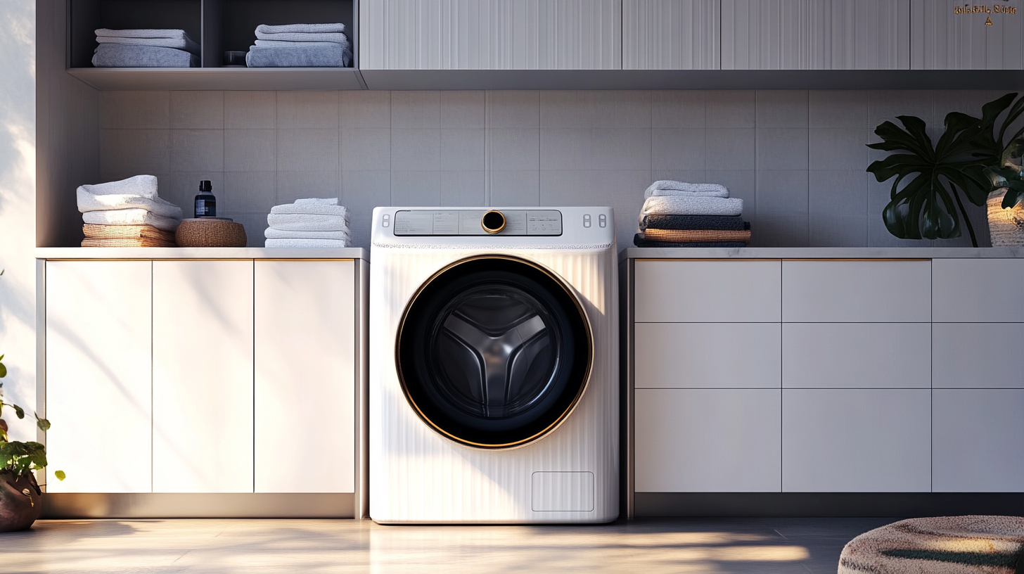 삼성 비스포크 AI 콤보 세탁기와 건조기가 포함된 세련된 현대식 세탁실, 도시형 소형 아파트에 적합한 컴팩트한 디자인.